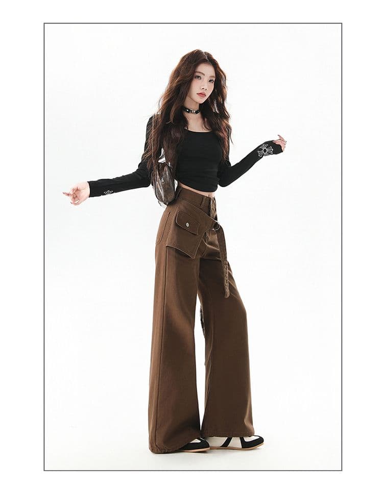 한국 스타일 디자인 센스 레트로 넓은 다리 루즈핏 청바지 여성 2025 가을 신제품 바닥 청소 바지 페이크 레이어드 나팔 바지 상세 이미지 13