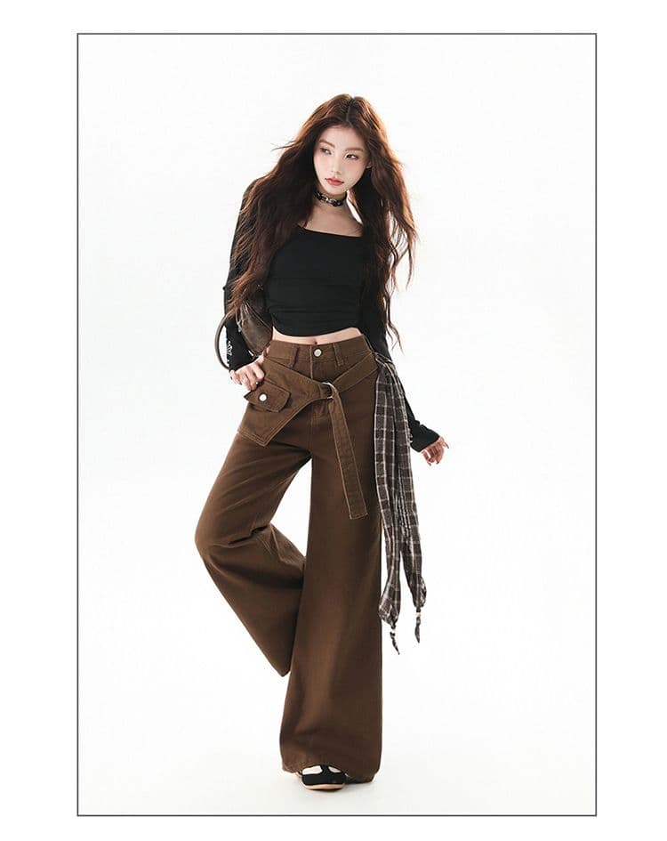 한국 스타일 디자인 센스 레트로 넓은 다리 루즈핏 청바지 여성 2025 가을 신제품 바닥 청소 바지 페이크 레이어드 나팔 바지 상세 이미지 15