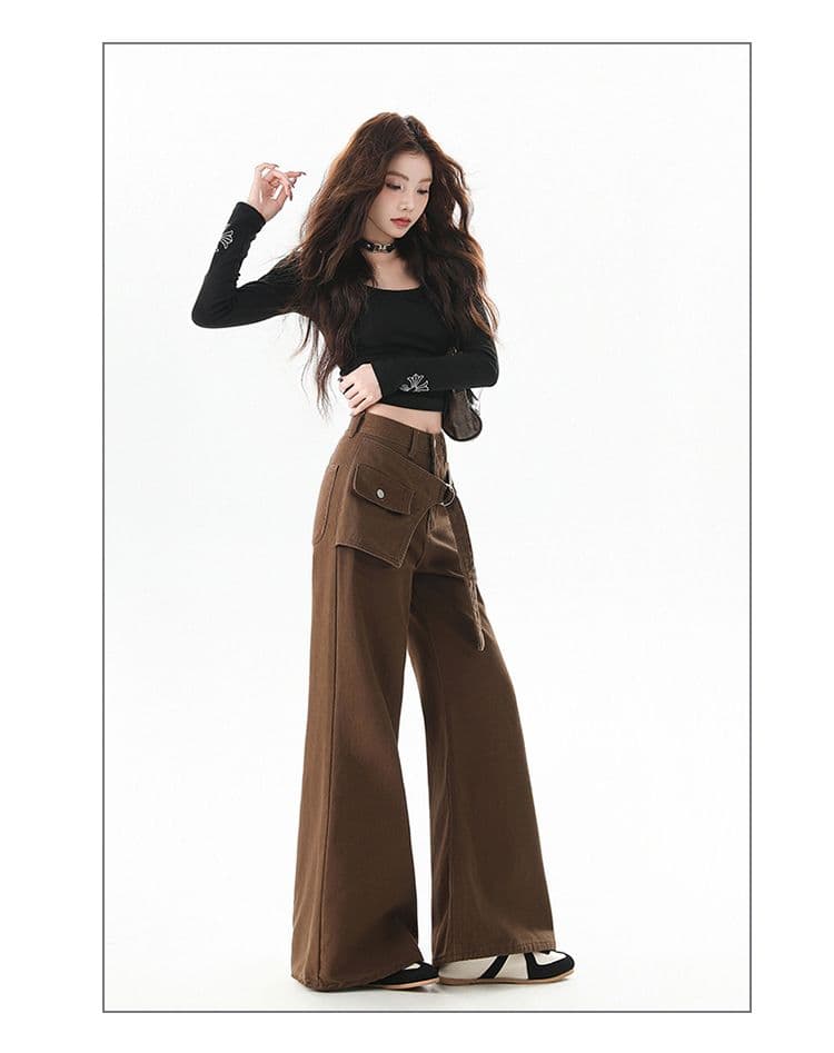 한국 스타일 디자인 센스 레트로 넓은 다리 루즈핏 청바지 여성 2025 가을 신제품 바닥 청소 바지 페이크 레이어드 나팔 바지 상세 이미지 16