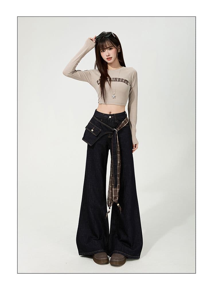 한국 스타일 디자인 센스 레트로 넓은 다리 루즈핏 청바지 여성 2025 가을 신제품 바닥 청소 바지 페이크 레이어드 나팔 바지 상세 이미지 26