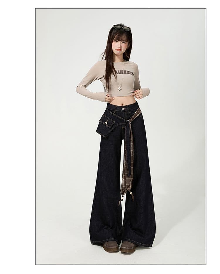 한국 스타일 디자인 센스 레트로 넓은 다리 루즈핏 청바지 여성 2025 가을 신제품 바닥 청소 바지 페이크 레이어드 나팔 바지 상세 이미지 27