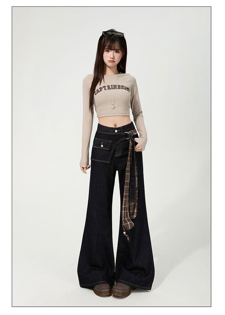 한국 스타일 디자인 센스 레트로 넓은 다리 루즈핏 청바지 여성 2025 가을 신제품 바닥 청소 바지 페이크 레이어드 나팔 바지 상세 이미지 28