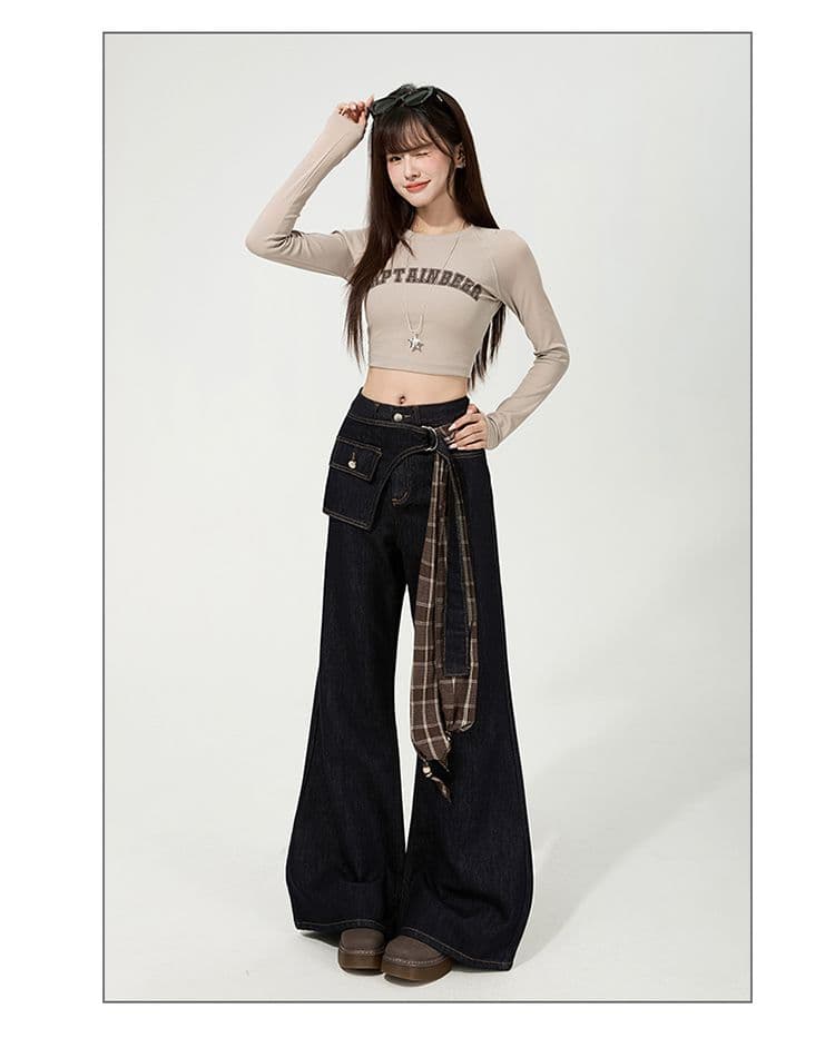 한국 스타일 디자인 센스 레트로 넓은 다리 루즈핏 청바지 여성 2025 가을 신제품 바닥 청소 바지 페이크 레이어드 나팔 바지 상세 이미지 30