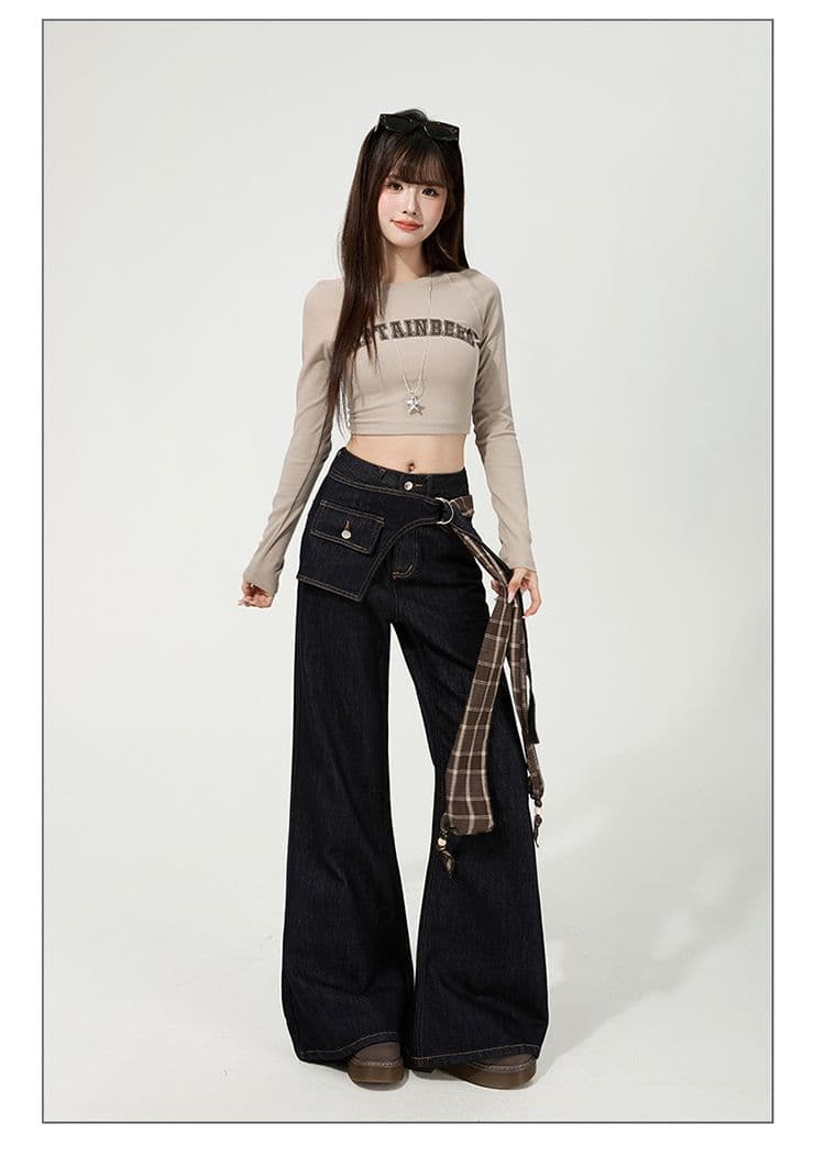 한국 스타일 디자인 센스 레트로 넓은 다리 루즈핏 청바지 여성 2025 가을 신제품 바닥 청소 바지 페이크 레이어드 나팔 바지 상세 이미지 31
