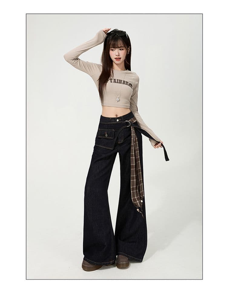 한국 스타일 디자인 센스 레트로 넓은 다리 루즈핏 청바지 여성 2025 가을 신제품 바닥 청소 바지 페이크 레이어드 나팔 바지 상세 이미지 32