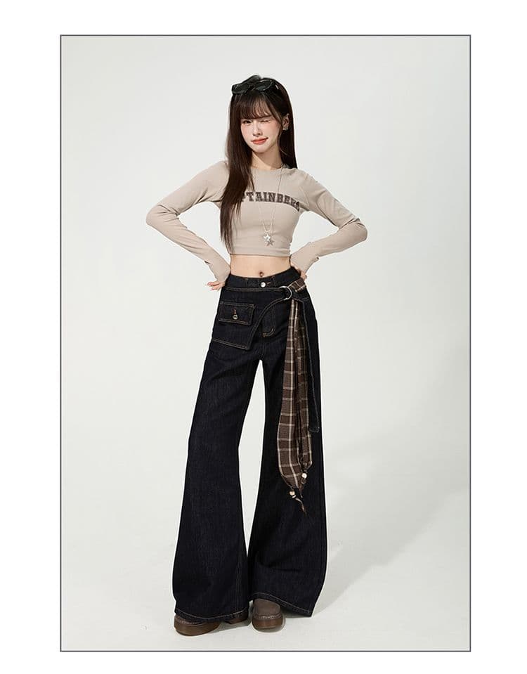 한국 스타일 디자인 센스 레트로 넓은 다리 루즈핏 청바지 여성 2025 가을 신제품 바닥 청소 바지 페이크 레이어드 나팔 바지 상세 이미지 33