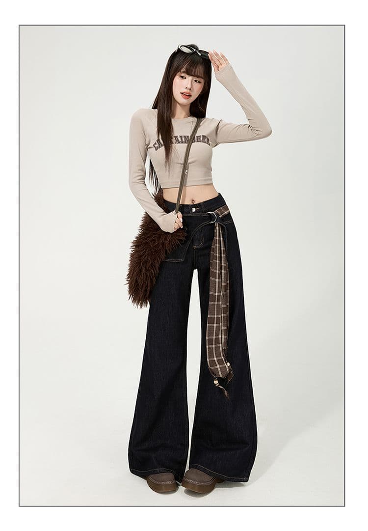 한국 스타일 디자인 센스 레트로 넓은 다리 루즈핏 청바지 여성 2025 가을 신제품 바닥 청소 바지 페이크 레이어드 나팔 바지 상세 이미지 37
