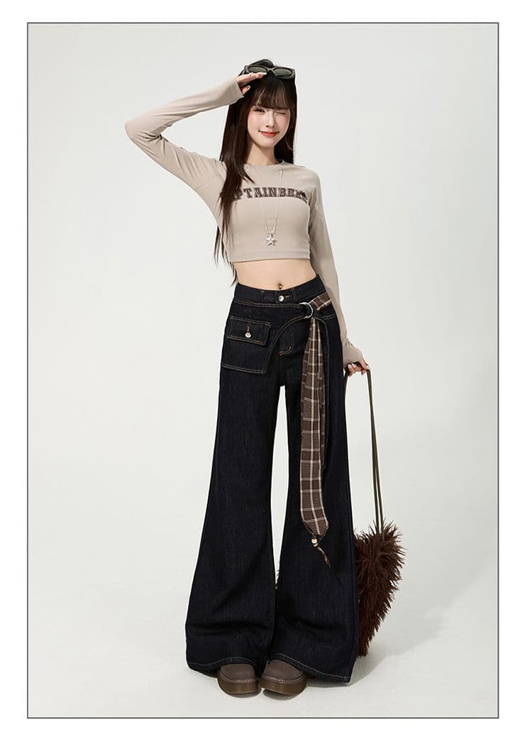 한국 스타일 디자인 센스 레트로 넓은 다리 루즈핏 청바지 여성 2025 가을 신제품 바닥 청소 바지 페이크 레이어드 나팔 바지 상세 이미지 40