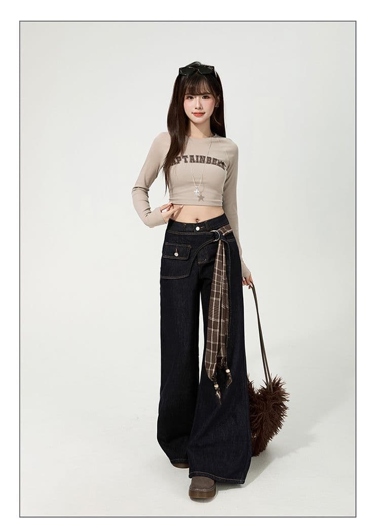 한국 스타일 디자인 센스 레트로 넓은 다리 루즈핏 청바지 여성 2025 가을 신제품 바닥 청소 바지 페이크 레이어드 나팔 바지 상세 이미지 41