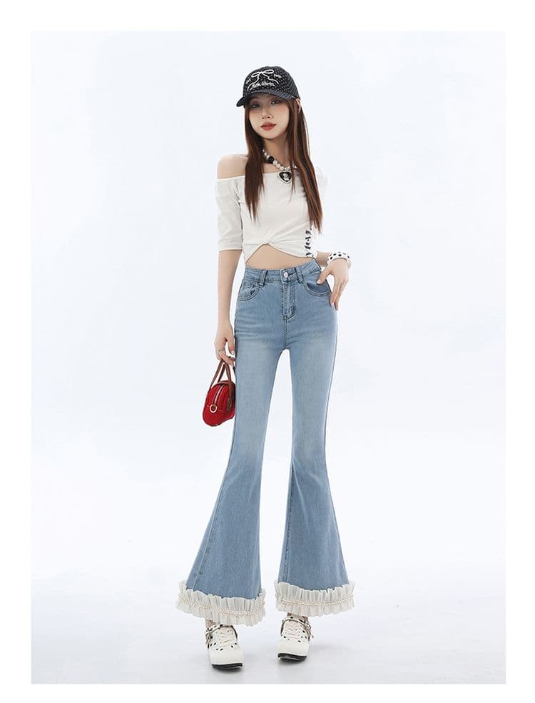 부츠컷 청바지 여성 봄 여름 2026 년 새로운 슬림해 보이는 단색 레이스 디자인 센스 하이웨이스트 나팔 바지 트렌디 상세 이미지 24