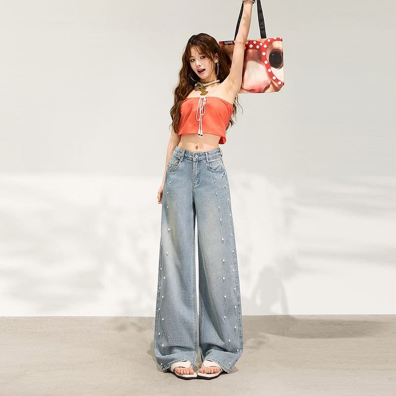 수여 됨 한 바지 슈퍼 잘 생긴 진주 핫픽스 와이드 레깅스 바지 이른 봄 하늘색 루즈핏 슬림해 보이는 데님 스트레이트 팬츠 이미지 6