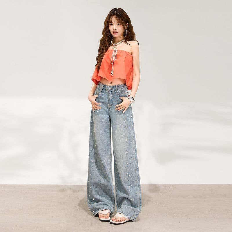수여 됨 한 바지 슈퍼 잘 생긴 진주 핫픽스 와이드 레깅스 바지 이른 봄 하늘색 루즈핏 슬림해 보이는 데님 스트레이트 팬츠 이미지 2