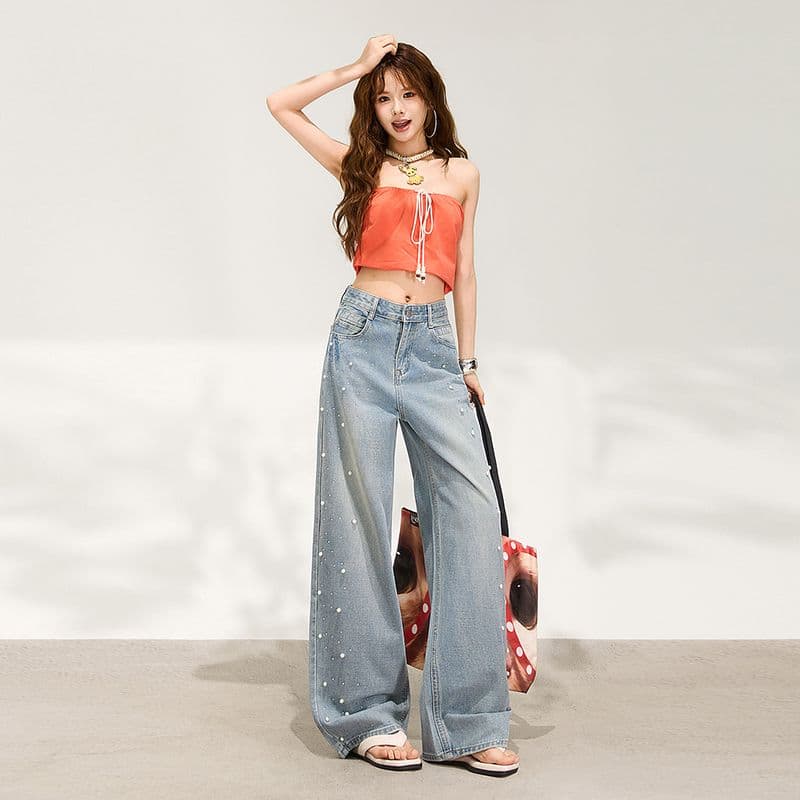 수여 됨 한 바지 슈퍼 잘 생긴 진주 핫픽스 와이드 레깅스 바지 이른 봄 하늘색 루즈핏 슬림해 보이는 데님 스트레이트 팬츠 이미지 5