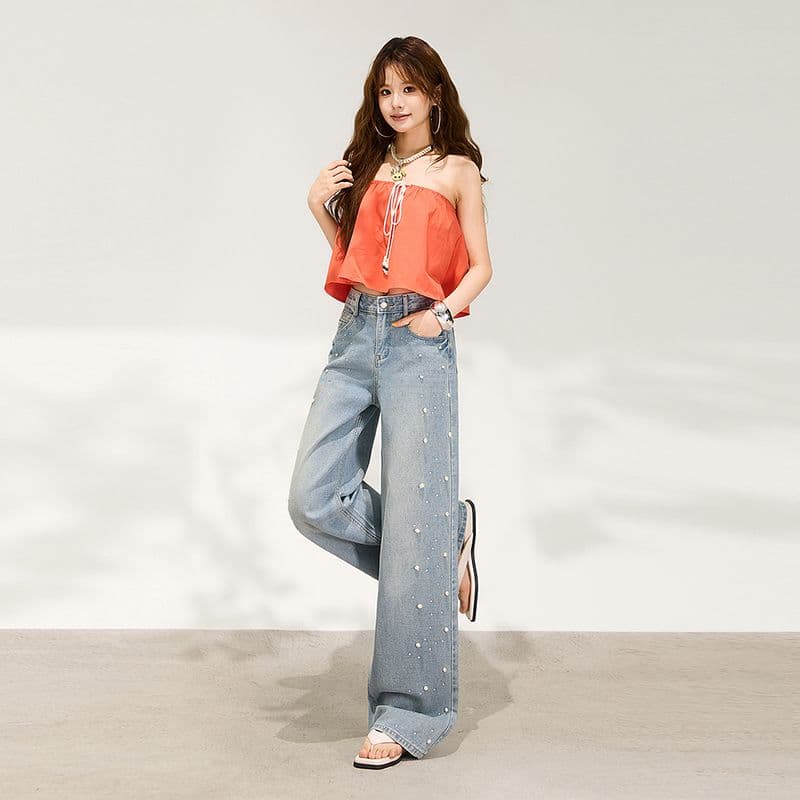 수여 됨 한 바지 슈퍼 잘 생긴 진주 핫픽스 와이드 레깅스 바지 이른 봄 하늘색 루즈핏 슬림해 보이는 데님 스트레이트 팬츠 이미지 4