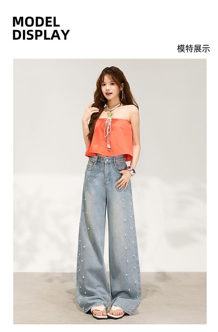 수여 됨 한 바지 슈퍼 잘 생긴 진주 핫픽스 와이드 레깅스 바지 이른 봄 하늘색 루즈핏 슬림해 보이는 데님 스트레이트 팬츠 상세 이미지 6