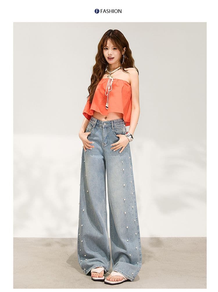 수여 됨 한 바지 슈퍼 잘 생긴 진주 핫픽스 와이드 레깅스 바지 이른 봄 하늘색 루즈핏 슬림해 보이는 데님 스트레이트 팬츠 상세 이미지 7