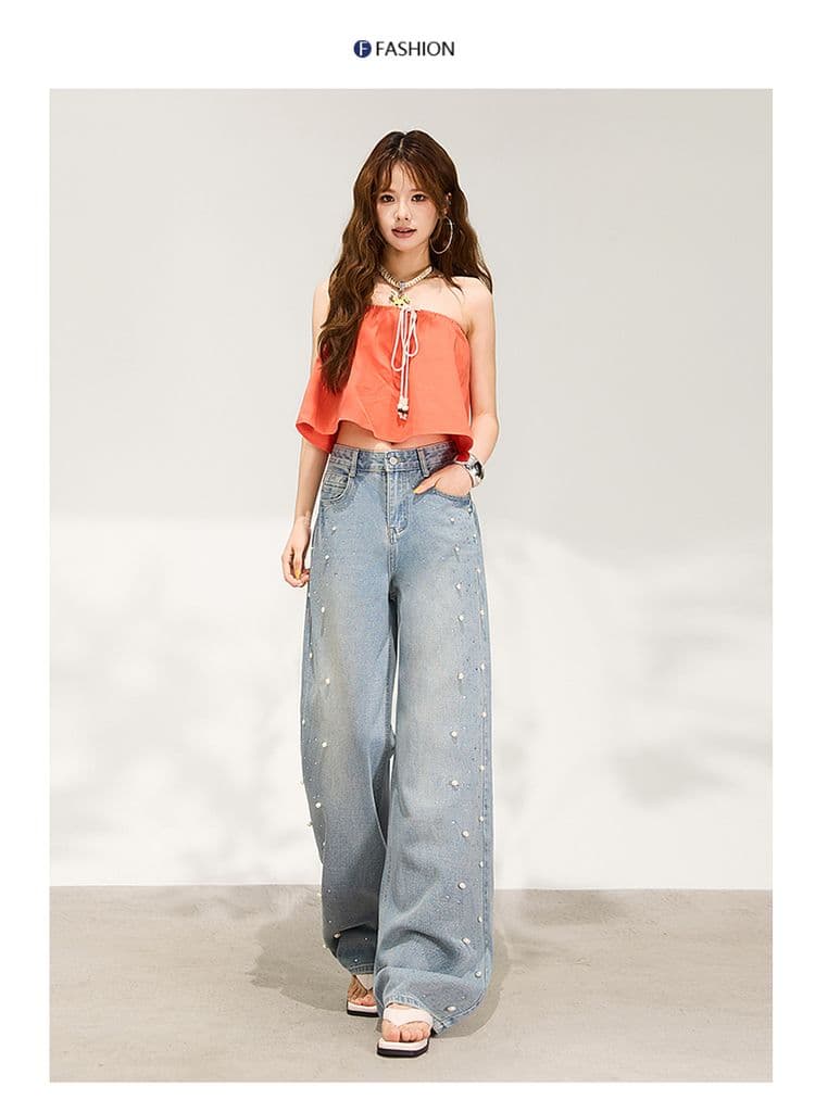 수여 됨 한 바지 슈퍼 잘 생긴 진주 핫픽스 와이드 레깅스 바지 이른 봄 하늘색 루즈핏 슬림해 보이는 데님 스트레이트 팬츠 상세 이미지 8