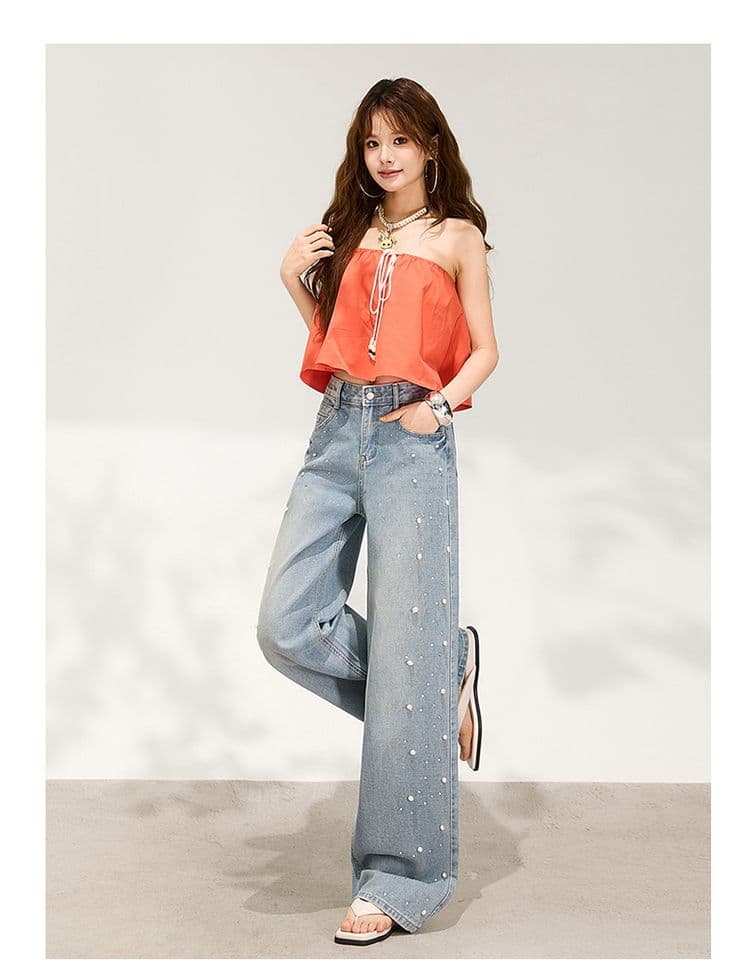 수여 됨 한 바지 슈퍼 잘 생긴 진주 핫픽스 와이드 레깅스 바지 이른 봄 하늘색 루즈핏 슬림해 보이는 데님 스트레이트 팬츠 상세 이미지 9