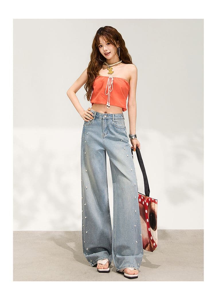 수여 됨 한 바지 슈퍼 잘 생긴 진주 핫픽스 와이드 레깅스 바지 이른 봄 하늘색 루즈핏 슬림해 보이는 데님 스트레이트 팬츠 상세 이미지 11