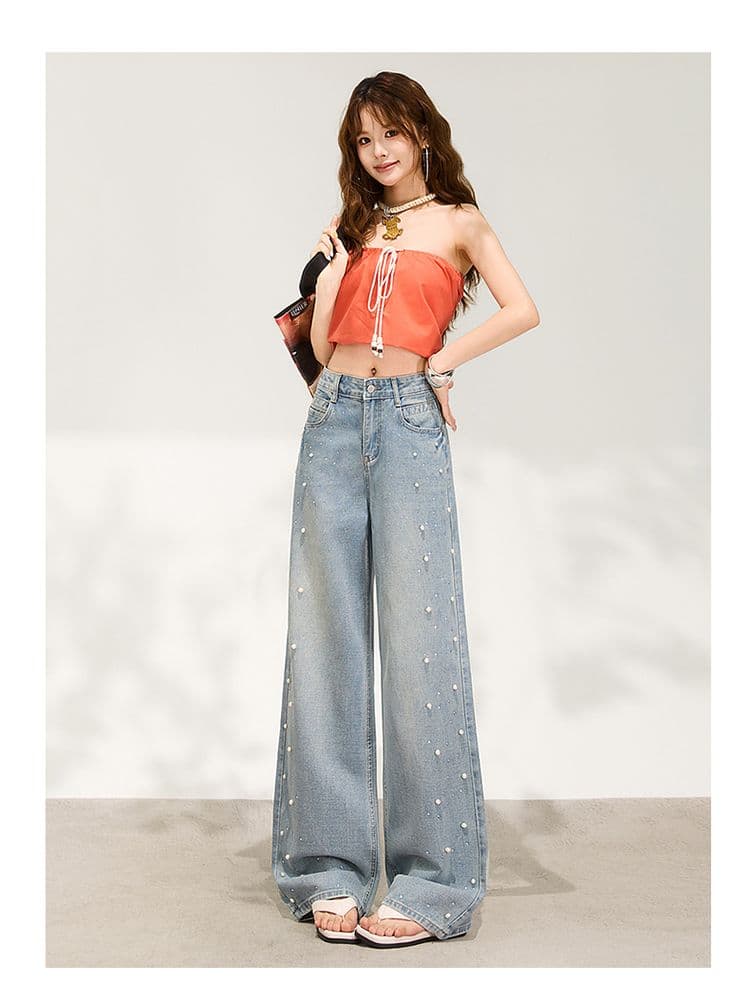 수여 됨 한 바지 슈퍼 잘 생긴 진주 핫픽스 와이드 레깅스 바지 이른 봄 하늘색 루즈핏 슬림해 보이는 데님 스트레이트 팬츠 상세 이미지 12