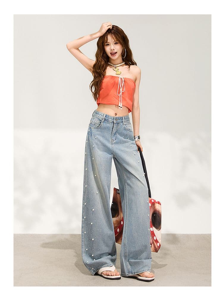 수여 됨 한 바지 슈퍼 잘 생긴 진주 핫픽스 와이드 레깅스 바지 이른 봄 하늘색 루즈핏 슬림해 보이는 데님 스트레이트 팬츠 상세 이미지 14