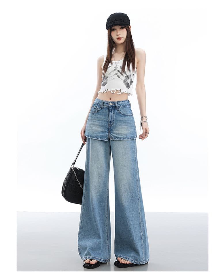 유럽 상품 페이크 레이어드 패치워크 랩스커트팬츠 넓은 다리 청바지 여성 2026 봄 여름 하이웨이스트 워싱 마 오래된 스트레이트 바닥 청소 바지 상세 이미지 23
