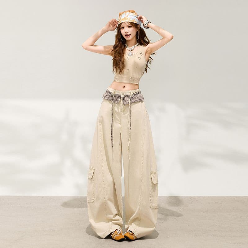 체크무늬 레이스 패치워크 모통이 칼 워크웨어 팬츠 여성 여름 2026 새로운 레트로 느긋한 바람 루즈핏 넓은 다리 캐주얼 바지 이미지 2