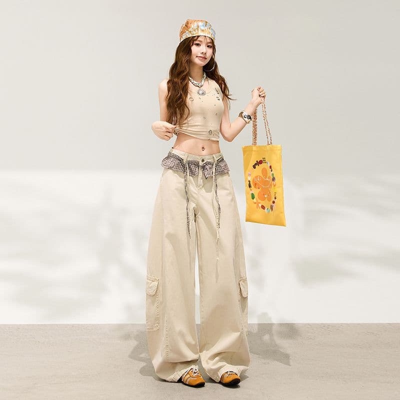 체크무늬 레이스 패치워크 모통이 칼 워크웨어 팬츠 여성 여름 2026 새로운 레트로 느긋한 바람 루즈핏 넓은 다리 캐주얼 바지 이미지 5