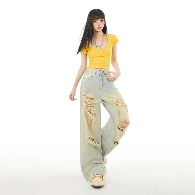 아메리칸 레트로 핫픽스 찢어진 부분 청바지 여성 2026 봄 여름 새로운 루즈핏 마 오래된 슬림해 보이는 스트레이트 팬츠 와이드 레그 팬츠 이미지 3