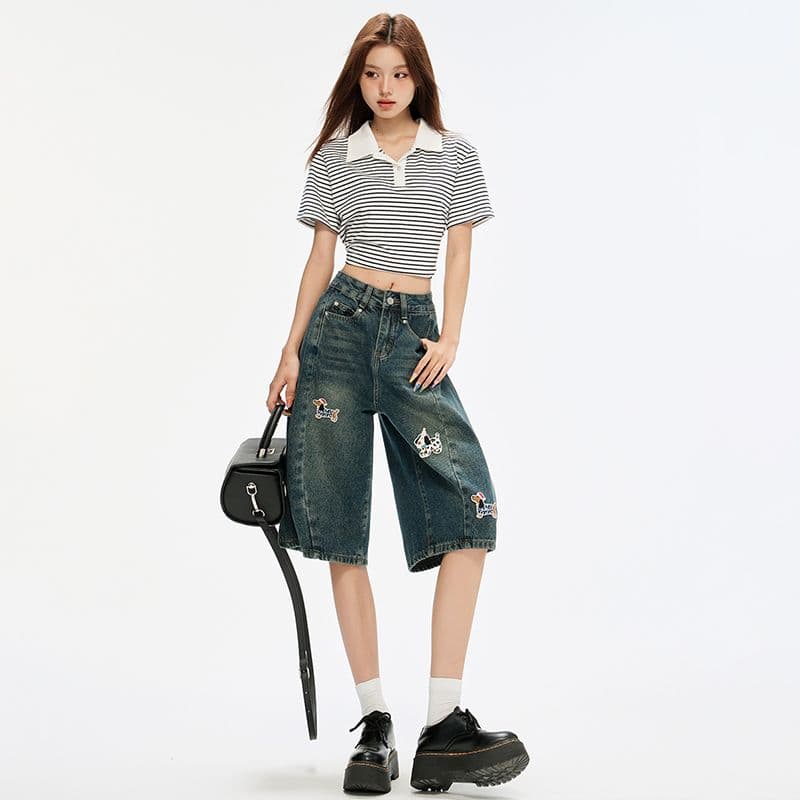 재미있는 강아지 패치 자수 데님 7부 바지 여성 여름 디자인 센스 루즈핏 넓은 다리 바지 바지 이미지 4