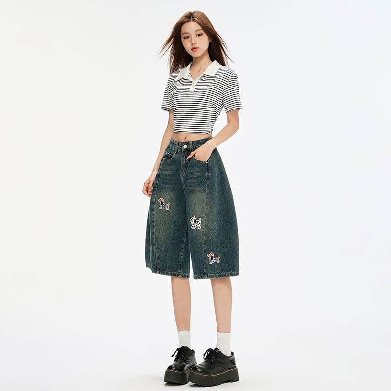 재미있는 강아지 패치 자수 데님 7부 바지 여성 여름 디자인 센스 루즈핏 넓은 다리 바지 바지 이미지 2