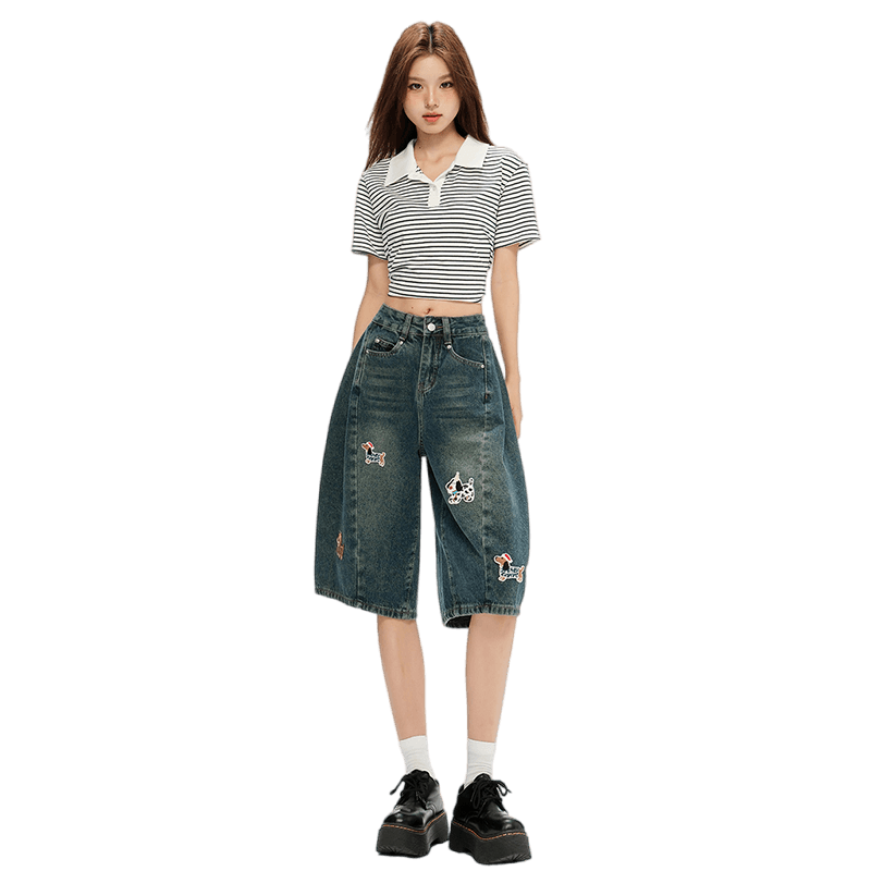 재미있는 강아지 패치 자수 데님 7부 바지 여성 여름 디자인 센스 루즈핏 넓은 다리 바지 바지 이미지 5