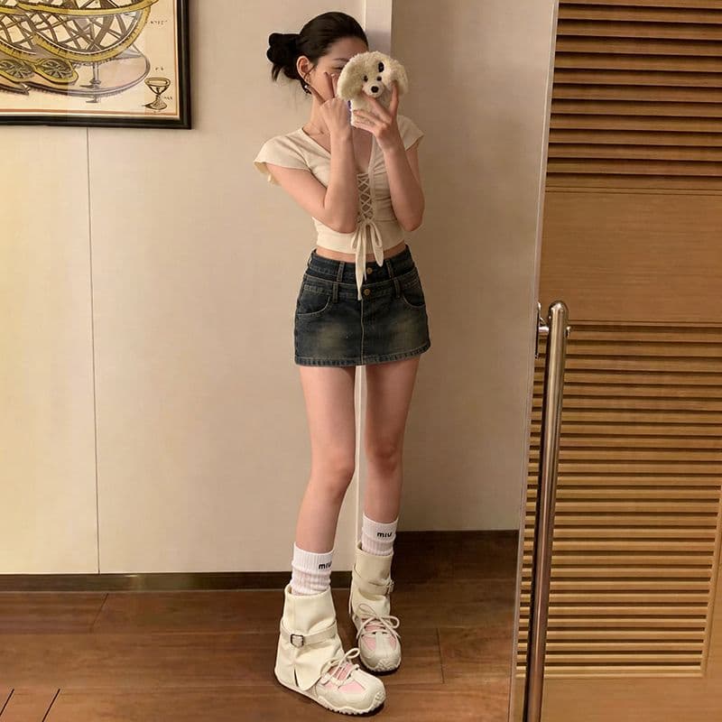 폭발 더블 버클 더블 허리 머리 반신 바지 여성 여름 더블 허리 머리 레트로 한 마디 중간 허리 데님 미니 스커트