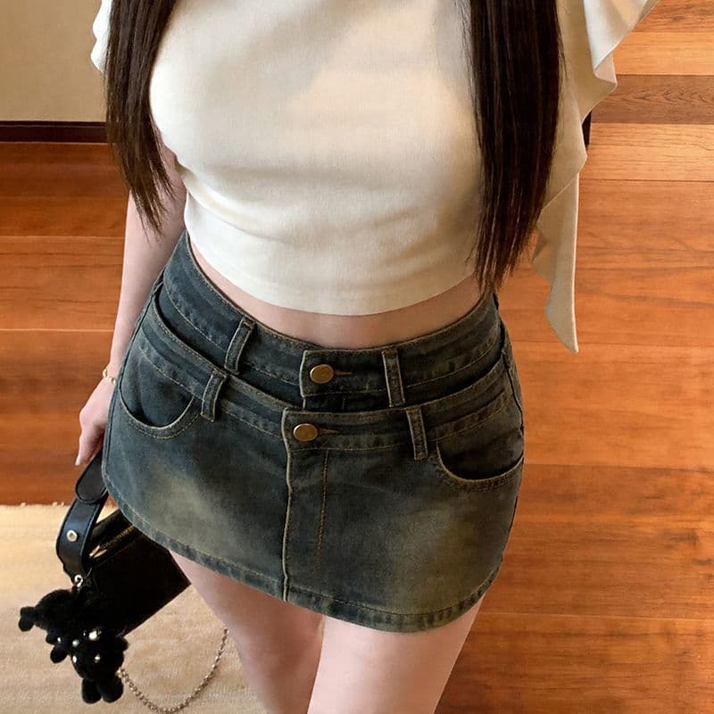 폭발 더블 버클 더블 허리 머리 반신 바지 여성 여름 더블 허리 머리 레트로 한 마디 중간 허리 데님 미니 스커트 이미지 4