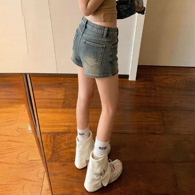 폭발 더블 버클 더블 허리 머리 반신 바지 여성 여름 더블 허리 머리 레트로 한 마디 중간 허리 데님 미니 스커트 이미지 3