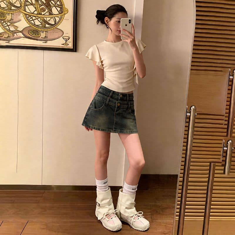 폭발 더블 버클 더블 허리 머리 반신 바지 여성 여름 더블 허리 머리 레트로 한 마디 중간 허리 데님 미니 스커트 이미지 2