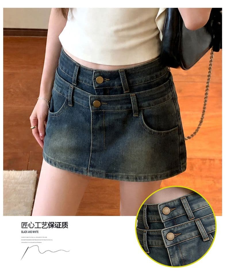 폭발 더블 버클 더블 허리 머리 반신 바지 여성 여름 더블 허리 머리 레트로 한 마디 중간 허리 데님 미니 스커트 상세 이미지 3