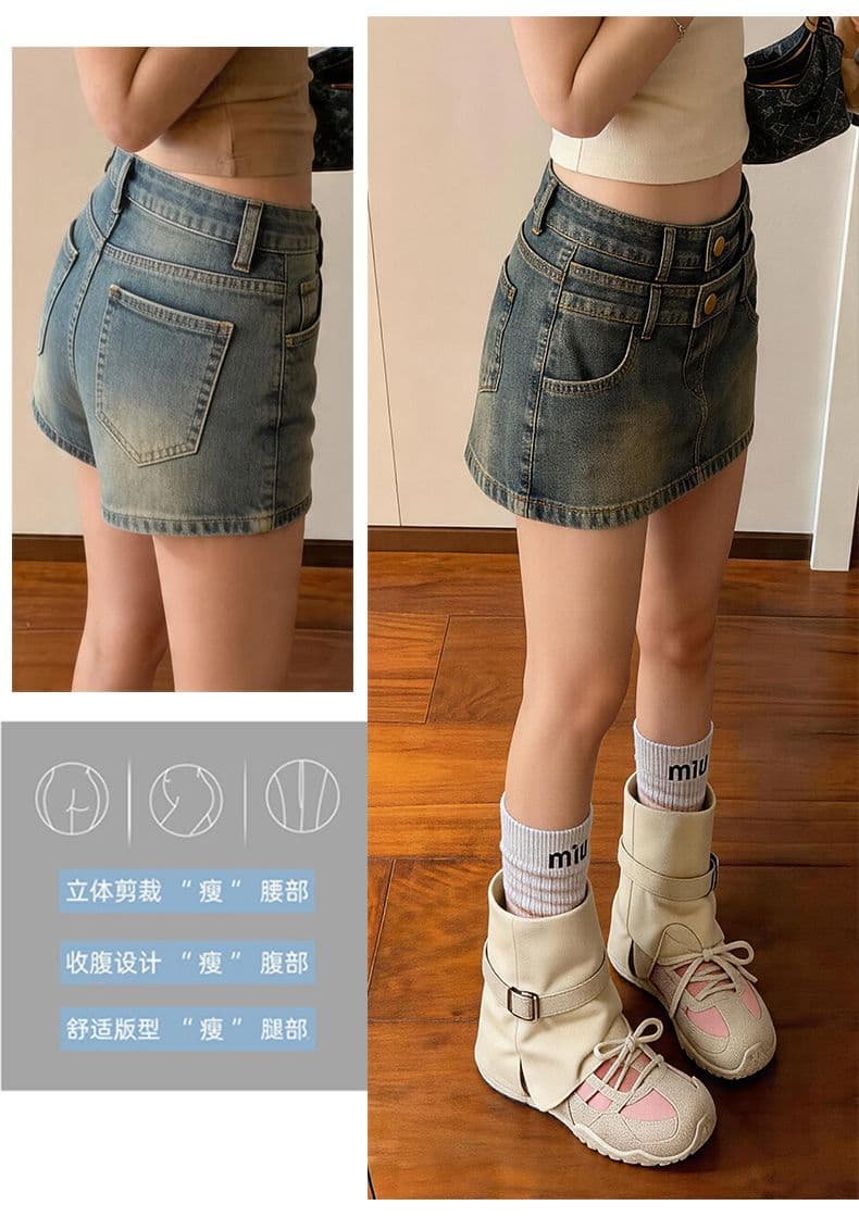 폭발 더블 버클 더블 허리 머리 반신 바지 여성 여름 더블 허리 머리 레트로 한 마디 중간 허리 데님 미니 스커트 상세 이미지 5