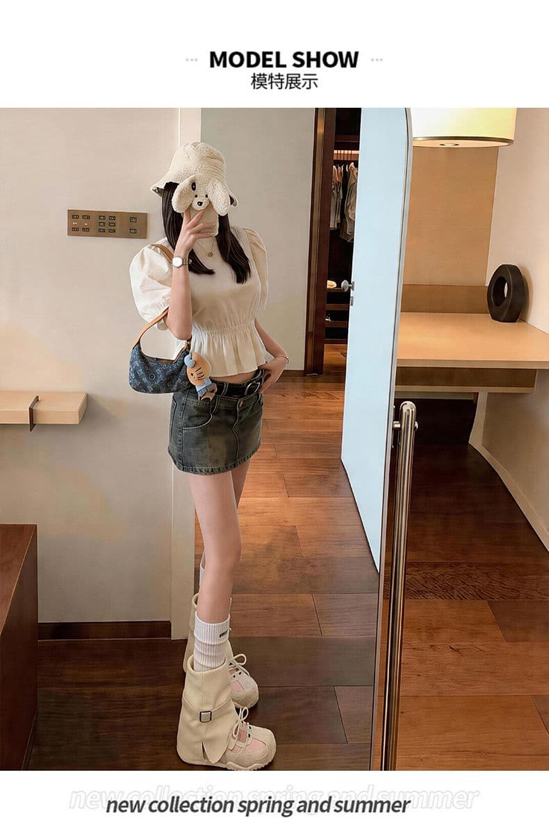 폭발 더블 버클 더블 허리 머리 반신 바지 여성 여름 더블 허리 머리 레트로 한 마디 중간 허리 데님 미니 스커트 상세 이미지 11