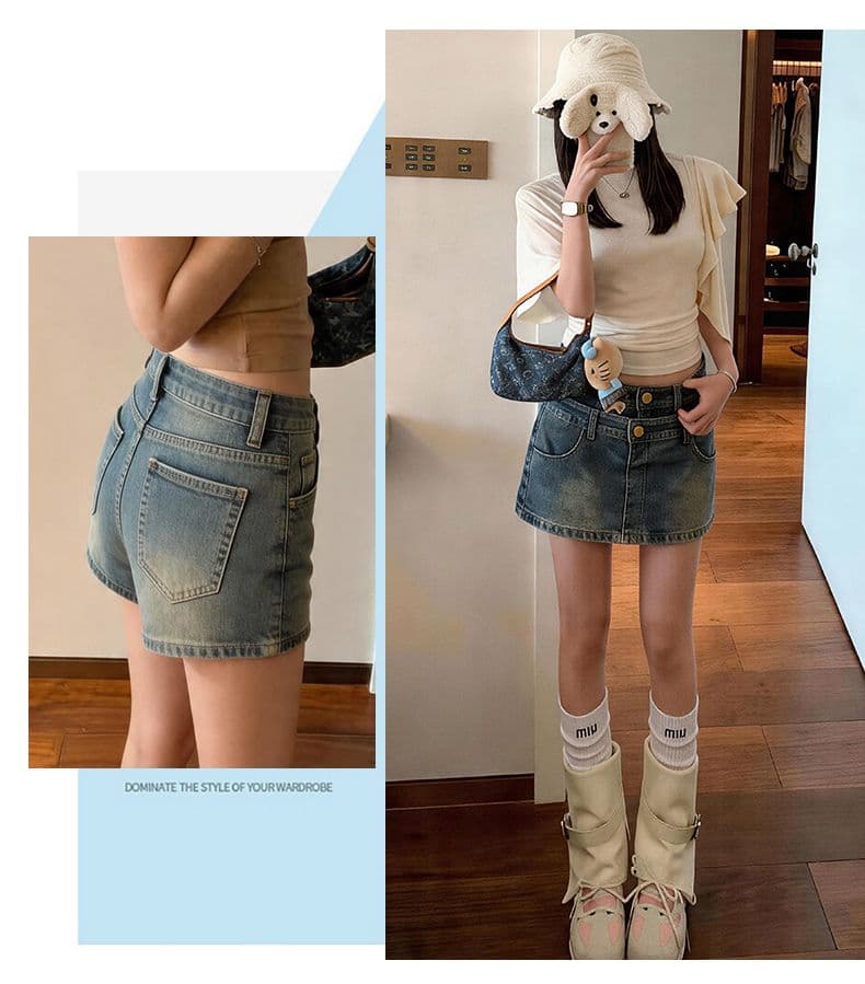 폭발 더블 버클 더블 허리 머리 반신 바지 여성 여름 더블 허리 머리 레트로 한 마디 중간 허리 데님 미니 스커트 상세 이미지 13