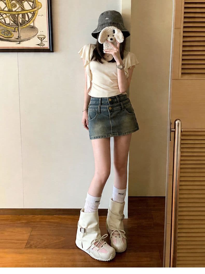 폭발 더블 버클 더블 허리 머리 반신 바지 여성 여름 더블 허리 머리 레트로 한 마디 중간 허리 데님 미니 스커트 상세 이미지 15