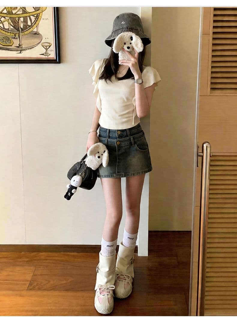 폭발 더블 버클 더블 허리 머리 반신 바지 여성 여름 더블 허리 머리 레트로 한 마디 중간 허리 데님 미니 스커트 상세 이미지 16