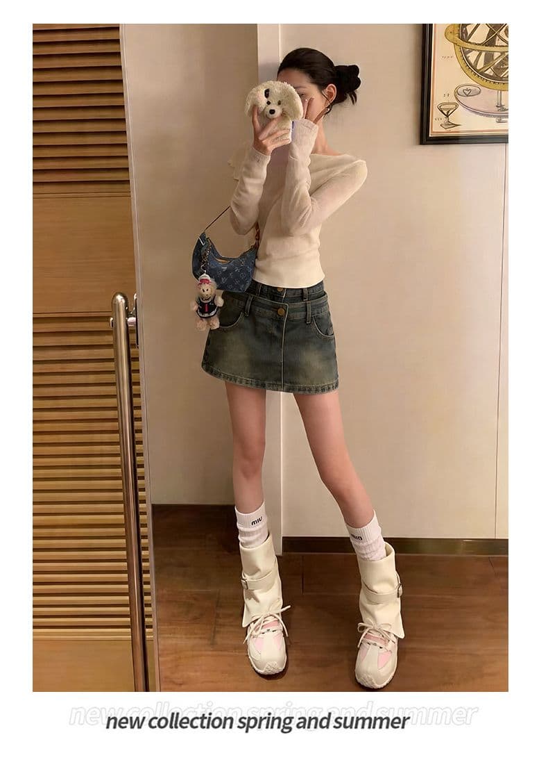 폭발 더블 버클 더블 허리 머리 반신 바지 여성 여름 더블 허리 머리 레트로 한 마디 중간 허리 데님 미니 스커트 상세 이미지 17
