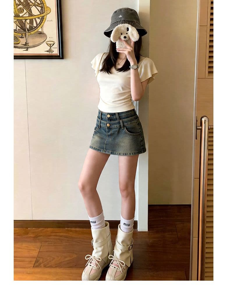 폭발 더블 버클 더블 허리 머리 반신 바지 여성 여름 더블 허리 머리 레트로 한 마디 중간 허리 데님 미니 스커트 상세 이미지 18