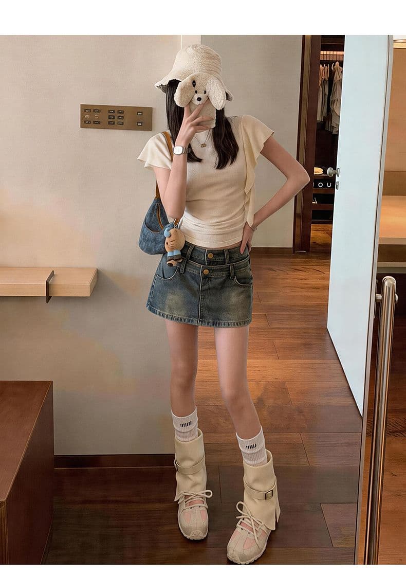 폭발 더블 버클 더블 허리 머리 반신 바지 여성 여름 더블 허리 머리 레트로 한 마디 중간 허리 데님 미니 스커트 상세 이미지 19