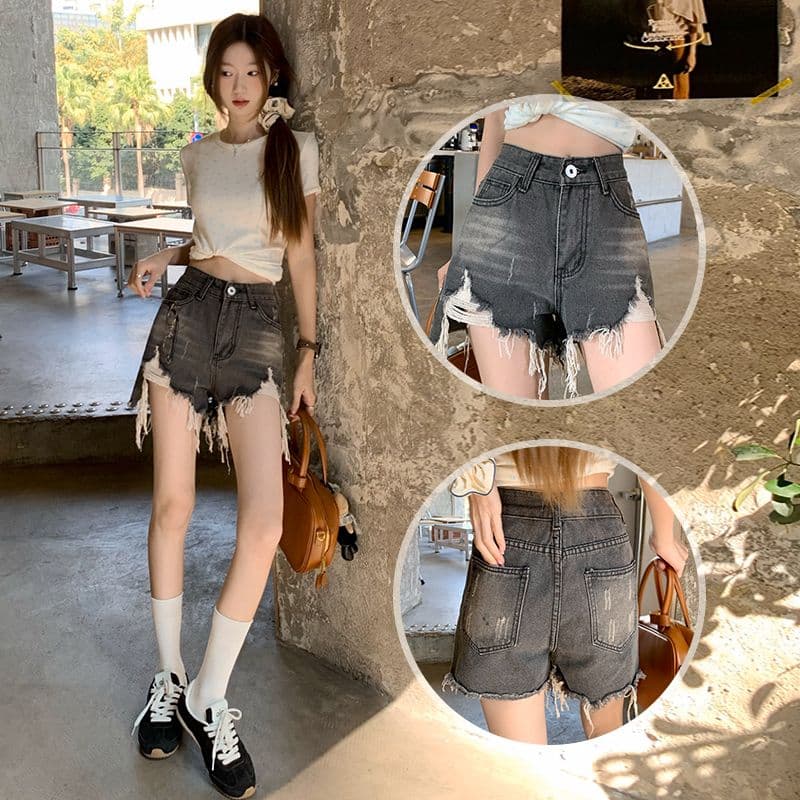 폭발 워싱 마 오래된 찢어진 부분 거친 가장자리 청바지 여성 여름 얇은 스타일 핫 바지 한 마디 반바지 높은 허리 바지 이미지 2
