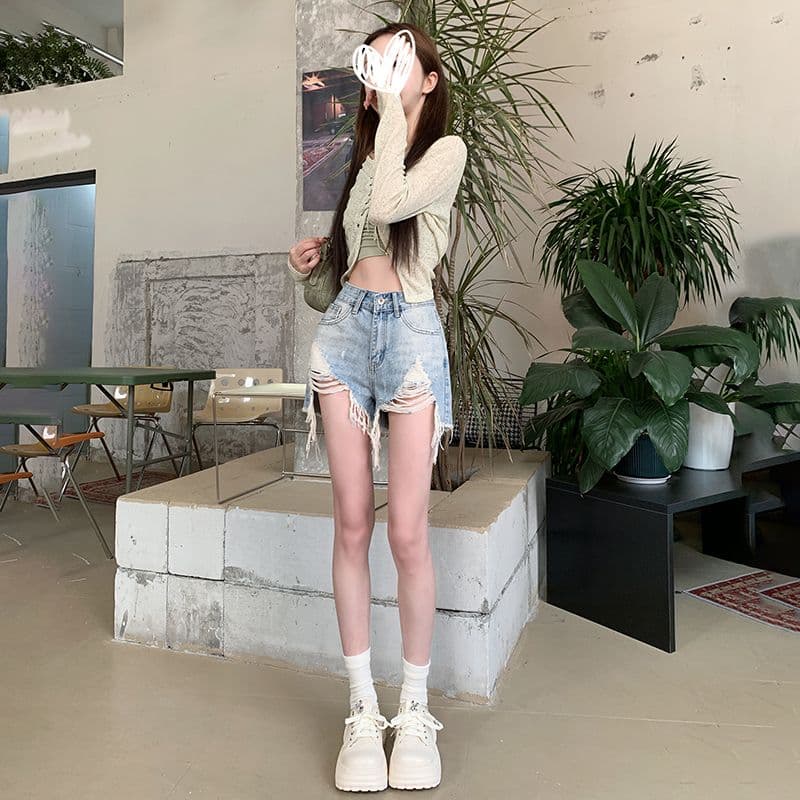 폭발 워싱 마 오래된 찢어진 부분 거친 가장자리 청바지 여성 여름 얇은 스타일 핫 바지 한 마디 반바지 높은 허리 바지 이미지 4