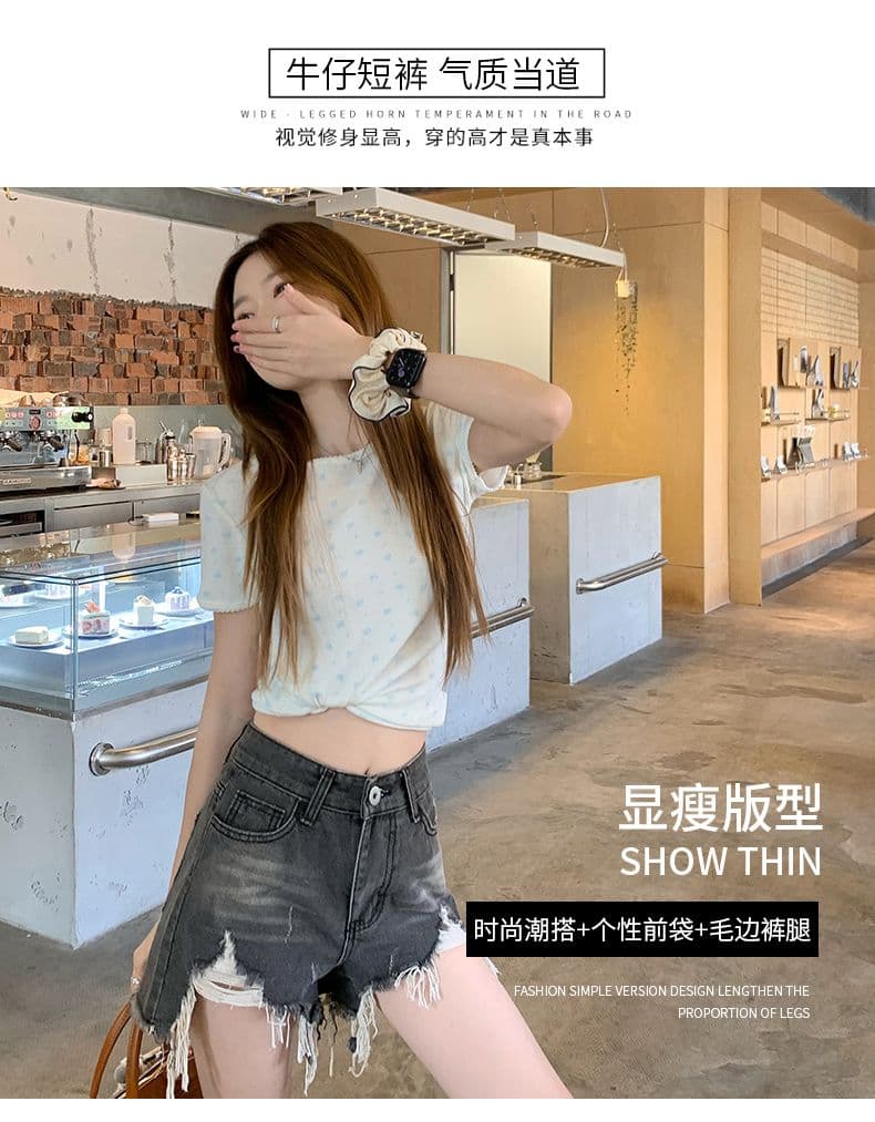 폭발 워싱 마 오래된 찢어진 부분 거친 가장자리 청바지 여성 여름 얇은 스타일 핫 바지 한 마디 반바지 높은 허리 바지 상세 이미지 2