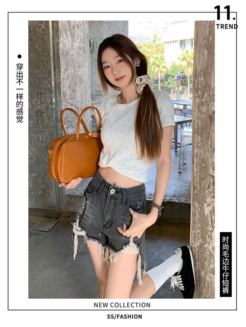 폭발 워싱 마 오래된 찢어진 부분 거친 가장자리 청바지 여성 여름 얇은 스타일 핫 바지 한 마디 반바지 높은 허리 바지 상세 이미지 5