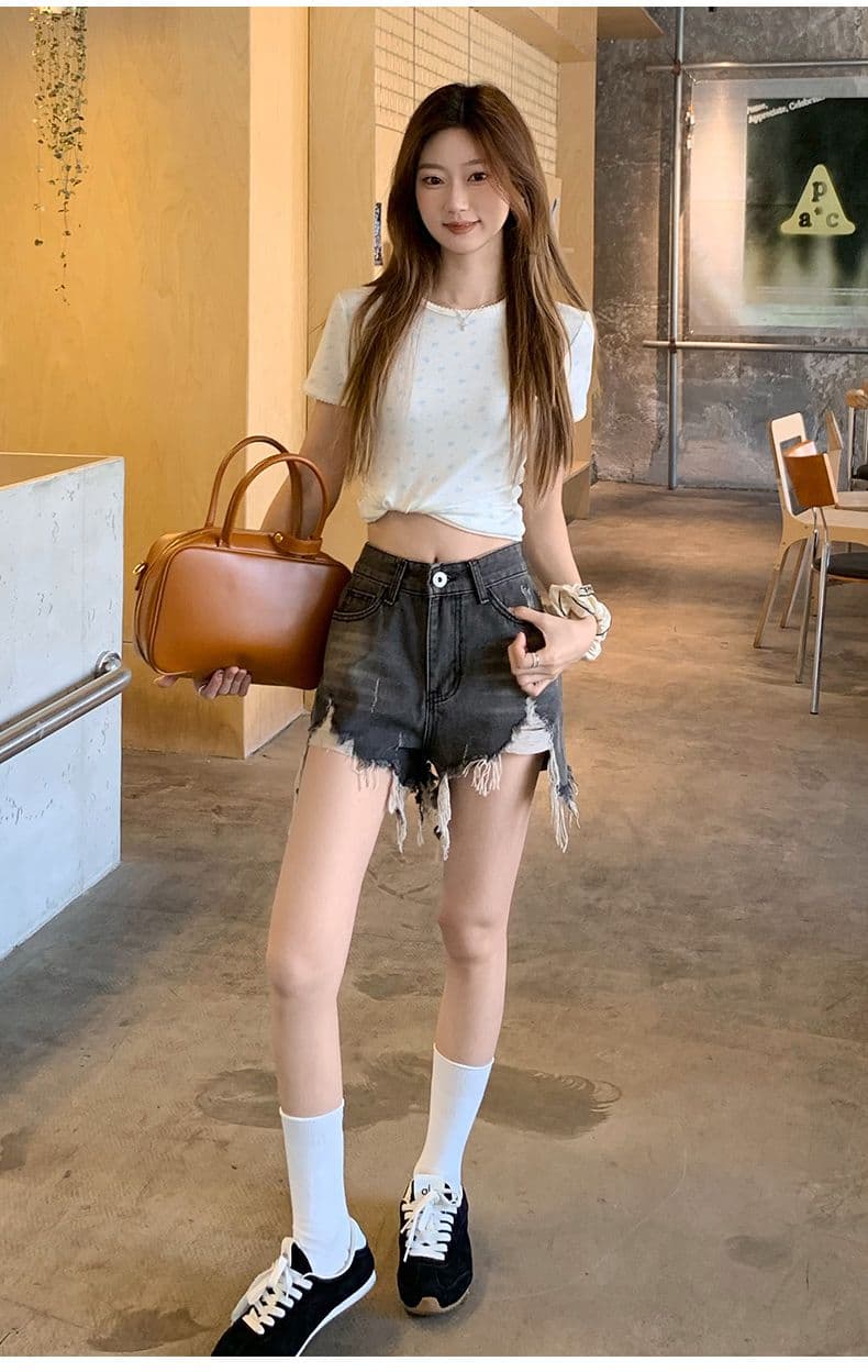 폭발 워싱 마 오래된 찢어진 부분 거친 가장자리 청바지 여성 여름 얇은 스타일 핫 바지 한 마디 반바지 높은 허리 바지 상세 이미지 16